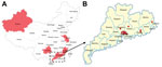 Thumbnail of Distribution of influenza A(H7N9) viruses, Guangdong Province, China. A) Shading indicates locations where viruses were isolated from patients during the third wave of the virus mapped according to data from the World Health Organization as of March 1, 2015. B) Circles indicate locations where influenza A(H7N9) viruses were isolated from poultry in Guangdong Province, China, during 2014−2015 (this study).