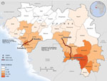 Thumbnail of Ebola virus disease incidence (confirmed cases per 100,000 population), by prefecture, Guinea, 2014. Distances and driving times for the transport of suspect case-patients from Kindia or Faranah to the nearest Ebola treatment unit are shown (red lines). Data sources: Guinea Ministry of Health; Guinea Ministry of Planning; Database of Global Administrative Areas (GADM); Europa.