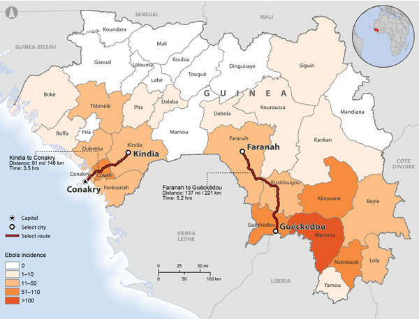 Ebola virus disease incidence (confirmed cases per 100,000 population), by prefecture, Guinea, 2014. Distances and driving times for the transport of suspect case-patients from Kindia or Faranah to the nearest Ebola treatment unit are shown (red lines). Data sources: Guinea Ministry of Health; Guinea Ministry of Planning; Database of Global Administrative Areas (GADM); Europa.