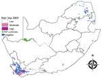 Thumbnail of Risk map for probability of Rift Valley fever (RVF) outbreaks in different areas of South Africa. Map for September 2009 indicates irrigation areas and subsequent outbreaks during October–December 2009.