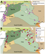 Thumbnail of Cutaneous leishmaniasis prevalence within Syria and neighboring countries of the World Health Organization’s Eastern Mediterranean Region, 2013. A) Prevalence among refugee camps. Case data were taken from http://datadryad.org/resource/doi:10.5061/dryad.05f5h. B) Distribution of sand fly and parasite species. Country names and boundaries are not official. Maps were adapted from https://hiu.state.gov/Products/Syria_DisplacementRefugees_2015Apr17_HIU_U1214.pdf. 