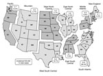 Thumbnail of Geographic distribution of cat-scratch disease by US census division, United States, 2005–2013. Rates are reported as average incidence per 100,000 population per year. During the study period, there were &lt;10 cases in Alaska and &lt;10 cases in Hawaii.