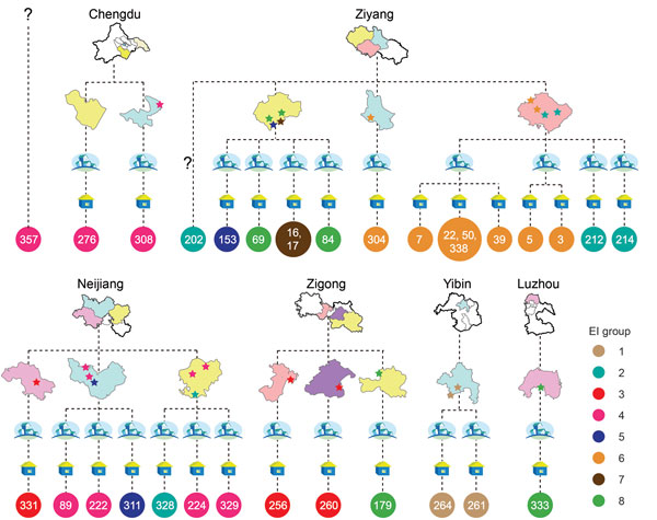 Geographic locations of resident villages of persons infected during outbreak of Streptococcus suis identified by whole-genome sequencing as minimum core genome type 1 sequence type 7, Sichuan Province, China, 2005. The 4 levels of administrative divisions (city, county, town, and village) are displayed to show the geographic locations and relationships of isolates. Drawings of the cities and counties are simplified maps of those territories. Towns are depicted with 4 houses, and villages are de