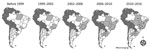 Thumbnail of Chronologic representation of vaccinia virus (VACV) emergence and reemergence in South America. Dark gray indicates countries in which VACV outbreaks have not been officially described; light gray indicates states in Brazil, Argentina, and Uruguay where VACV outbreaks were detected by serologic or molecular testing; white indicates states in Brazil and Argentina where VACV has not been detected; black dots indicate areas where VACV is reemerging.