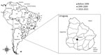 Thumbnail of Chronologic detection of vaccinia virus in South America. Zoomed-in map shows location of Durazno County, Uruguay, where serum samples were collected from dairy cattle in 2009 to test for the presence of vaccinia virus. Brazil states: AC, Acre; AM, Amazonas; AL, Alagoas; AP, Amapá; BA, Bahia; CE, Ceará; ES, Espírito Santo; GO, Goiás; MA: Maranhão; MG, Minas Gerais; MS, Mato Grosso do Sul; MT, Mato Grosso; PA, Para; PB, Paraíba; PE, Pernambuco; PI, Piauí; PR, Paraná; RJ, Rio de Janei