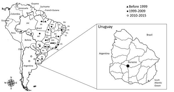 Chronologic detection of vaccinia virus in South America. Zoomed-in map shows location of Durazno County, Uruguay, where serum samples were collected from dairy cattle in 2009 to test for the presence of vaccinia virus. Brazil states: AC, Acre; AM, Amazonas; AL, Alagoas; AP, Amapá; BA, Bahia; CE, Ceará; ES, Espírito Santo; GO, Goiás; MA: Maranhão; MG, Minas Gerais; MS, Mato Grosso do Sul; MT, Mato Grosso; PA, Para; PB, Paraíba; PE, Pernambuco; PI, Piauí; PR, Paraná; RJ, Rio de Janeiro; RN, Rio G