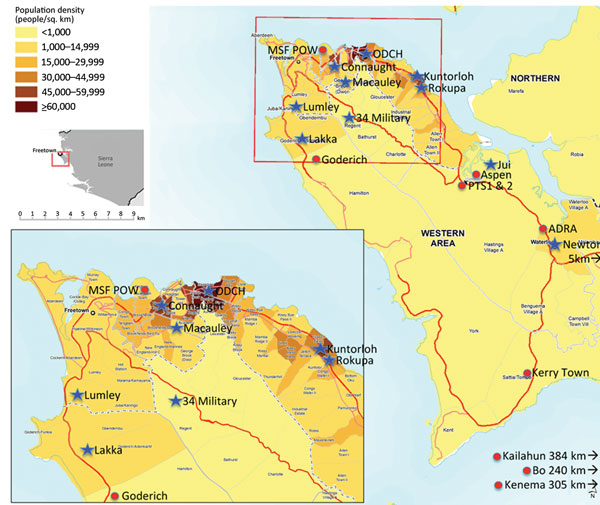 Location of Ebola holding units (blue star) and Ebola treatment centers (red circle), Western Area, Sierra Leone, January 2015. Population density map source: MapAction (cited 2015 Nov 8); reproduced with permission. Population figures are projected for 2014 from the 2004 census (http://www.mapaction.org/?option=com_mapcat&amp;view=mapdetail&amp;id=3589)..