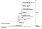 Thumbnail of Phylogenetic analysis of the chikungunya virus sequence obtained from a patient returning to Japan (in bold) from Cuba in February 2016, compared with reference sequences. Virus lineages are shown at right. Scale bar represents substitutions per nucleotide position. ECSA, Eastern/Central/South African lineage.