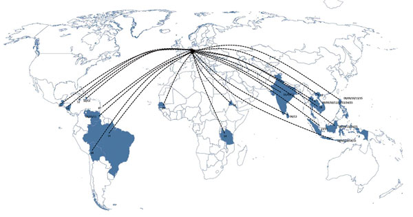 Geographic origin of dengue viruses isolated from travelers returning to Germany, 2006–2015. 