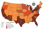 Thumbnail of Geographic distribution of blood donations confirmed positive for West Nile virus (WNV) RNA, United States, June–October 2010–2012. The 640 confirmed WNV DNA–positive donations are represented by dots. Shading indicates cumulative number of donations for 2010–2012, by state, for catchment areas of &gt;1,000 donations.