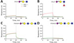 Thumbnail of Analysis of binding of influenza A virus H5N12.3.4 and H5N8 hemagglutinins to sialylated glycans by using biolayer interferometry. A) 3′SLN, B) 3′SLeX, C) 3′SLNLN, D) 6′SLNLN. After complexing biotinylated glycans with streptavidin sensors, association and subsequent dissociation of H5 proteins complexed with StrepMAB-classic (IBA GmbH, Göttingen, Germany) was determined. Blue squares, N-acetylglucosamine; yellow circles, galactose; purple diamonds, sialic acid; red triangles, fucos