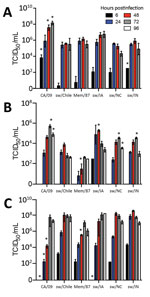 Thumbnail of Replication of influenza viruses in vitro. MDCK cells (A), primary normal human bronchial epithelial cells (B), or primary swine nasal epithelial cells (C) were grown in an air-liquid interface and infected with the indicated viruses at a multiplicity of infection of 0.01. Cell culture supernatants were collected at 6 hours postinfection (hpi), 24 hpi, 48 hpi, and 72 hpi, for MDCK cells and 6 hpi, 24 hpi, 48 hpi, 72 hpi, and 96 hpi for primary normal human bronchial epithelial cells