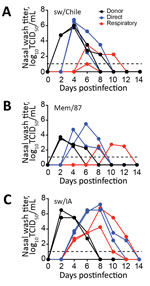 Thumbnail of Evaluation of H1 virus transmission in ferrets. Donor ferrets (black lines; n = 2 ferrets/group) were inoculated with 106 50% tissue culture infectious dose (TCID50) units of H1 influenza virus sw/Chile (A), Mem/87 (B), or sw/IA (C) viruses. Naive ferrets (n = 2) were either placed in the same cage with the infected group (direct contact, blue lines) or housed in separate cages (respiratory transmission, red lines) and nasal washes were collected on the indicated day postinfection f