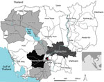 Thumbnail of Geographic distribution of Zika virus in Cambodia. PCR- and IgM-positive cases were from 9 different provinces in north, central and south Cambodia. The 5 Zika virus–positive samples by quantitative real-time reverse transcription (qRT-PCR) in this study were distributed as follows: the 2007 (n = 1) sample was received from Kampong Cham province, and the other cases from 2008 (n = 1), 2009 (n = 2), and 2015 (n = 1) were from the Phnom Penh area (red star). The first case of Zika vir