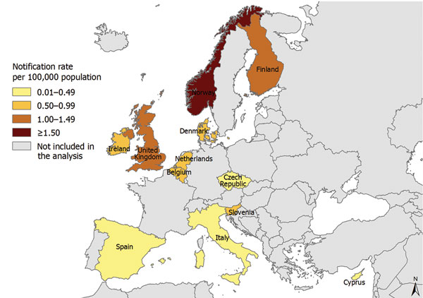 Notification rate for cases of invasive of Haemophilus influenzae disease in 12 European countries, 2007–2014. A total of 10,624 cases were notified.