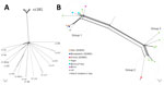 Thumbnail of Analysis of Neisseria meningitidis serotype X (MenX) isolates from 3 refugees in Italy and comparison isolates from the Neisseria PubMLST database (http://pubmlst.org/neisseria/), as of December 28, 2016). A) Neighbor-net phylogenetic network based on a comparison of core genome loci of all MenX genomes (n = 36) available in PubMLST database. For each strain, the available designation by clonal complex (CC) or sequence type (ST) is indicated. B) Neighbor-net phylogenetic network sho