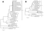 Thumbnail of Phylogenetic analyses of avipoxviruses from 16 outbreaks, Mozambique, August 2015–November 2016. A) 4b core-like protein gene fragment. B) DNA polymerase gene fragment. Black circles indicate samples sequenced in this study. GenBank accession numbers and country of origin are indicated for related sequences. Evolutionary analyses were conducted with MEGA6 (http://www.megasoftware.net). The bootstrap values from 500 replicates are shown at nodes. Scale bars indicate number of nucleot