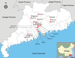 Thumbnail of Farm locations for study of influenza D viruses in cattle, goats, buffalo, and pigs, Guangdong Province, China.