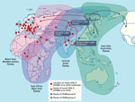 Thumbnail of Global movement of wild birds (adapted from [8]) and geographic distribution of novel HPAI A(H5N8) viruses, 2016. Influenza A viruses were isolated from wild birds and free-ranging domestic ducks in the Tanguar haor region of Bangladesh (yellow square) during February 2015–February 2016. Dissemination of novel HPAI A(H5N8) clade 2.3.4.4 viruses (red arrows). Dashed circles indicate location of reassortment between HPAI A(H5N8) group B viruses and low pathogenicity avian influenza vi