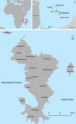 Thumbnail of Location of Mayotte in the southwestern Indian Ocean. Maps created by using IGN-GEOFLA (http://professionnels.ign.fr/geofla) and Esri Data and Maps 10 (http://www.esri.com/).