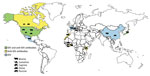 Thumbnail of Locations where IDV or IDV antibodies had been detected as of April 2017. Species from which virus or antibodies were detected are indicated. IDV, influenza D virus.