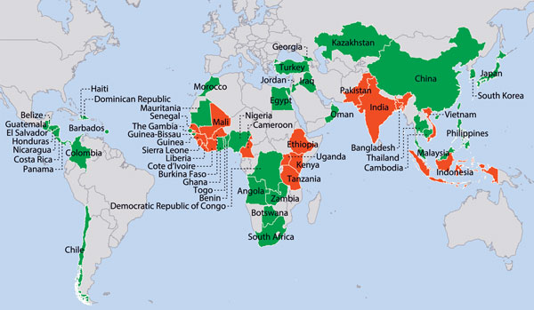 Centers for Disease Control and Prevention public health emergency management (PHEM) engagements, 2008–2016. Red indicates Global Health Security Agenda PHEM engagement; green indicates other PHEM engagement; gray indicates no PHEM engagement.