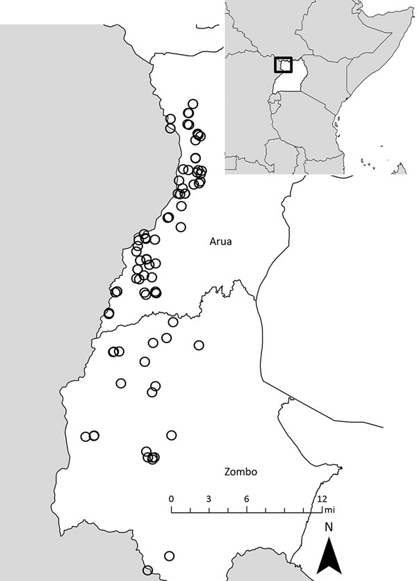 Residence locations of confirmed and probable human plague cases, by district, West Nile region, Uganda, 2008–2016. Inset shows location of Uganda in Africa.