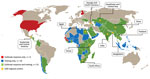 Thumbnail of Geographic range of technical support provided by Global Disease Detection Program regional centers, 2006–2016. GDD, Global Disease Detection. 