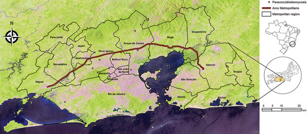 Metropolitan area of Rio de Janeiro, Brazil, showing the Raphael de Almeida Magalhães Highway, also known as the Arco Metropolitano, and georeferenced cases of paracoccidioidomycosis (open circles) during highway construction. Inset shows location of metropolitan area in Rio de Janeiro State and of Rio de Janeiro State (circle) in Brazil. Source: Landsat 8 Images (https://earthexplorer.usgs.gov/).