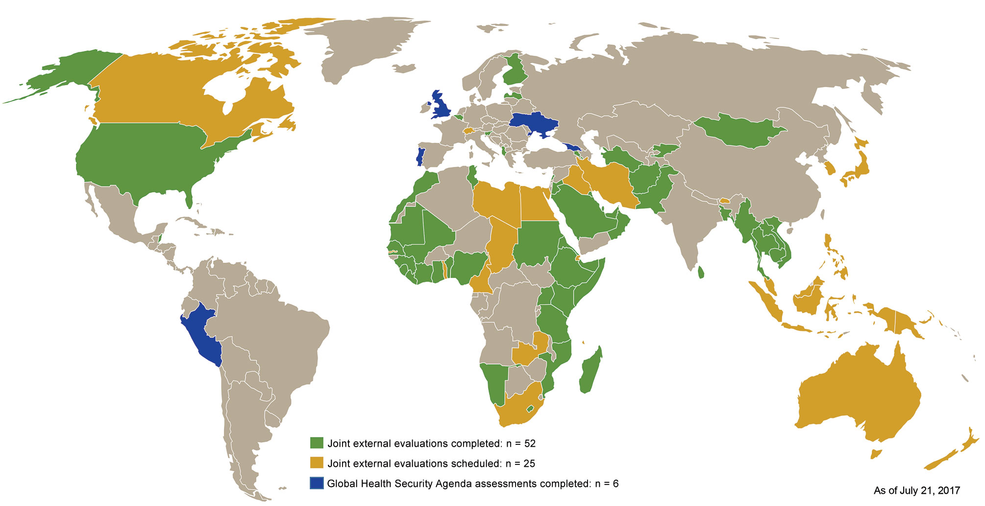 Country progress with independent Global Health Security Agenda and joint external evaluation assessments through 2018.