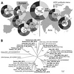 Thumbnail of Detection rates of APPV genome and antibodies and genetic variability in Europe and Asia. A) APPV antibody status in pigs from parts of Europe and Asia. The region of origin, the number of investigated samples, and the absolute numbers of APPV genome–positive samples in dependence on the serologic category (low, intermediate, or high APPV antibody status) are shown in the central circle. B) Phylogenetic tree based on a 400-nt fragment in the nonstructural protein 3 encoding region. 