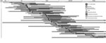 Thumbnail of Gantt chart illustrating the timeline of an outbreak of 48 cases of Candida krusei bloodstream infection among neonates admitted to the neonatal unit at hospital A, Gauteng, South Africa, July 1–October 31, 2014.