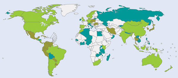 Countries with burden of disease estimates that have agreed to share data for the global estimate of influenza mortality and influenza-associated hospitalizations, as of April 2017: blue, morbidity estimates; brown, mortality estimates; green, morbidity and mortality estimates; white, data not available.