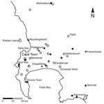 Thumbnail of Results of molecular tests for the presence of Emergomyces africanus in soil samples in relation to residential locations of 14 patients diagnosed with emergomycosis (6), Cape Peninsula, Western Cape Province, South Africa. Black circles indicate Es. africanus detected in soil sample; white circles indicate Es. africanus not detected in soil sample; plus signs indicate residential locations of patients with emergomycosis. A larger cross indicates &gt;1 infected patient at that parti