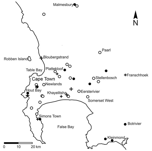 Results of molecular tests for the presence of Emergomyces africanus in soil samples in relation to residential locations of 14 patients diagnosed with emergomycosis (6), Cape Peninsula, Western Cape Province, South Africa. Black circles indicate Es. africanus detected in soil sample; white circles indicate Es. africanus not detected in soil sample; plus signs indicate residential locations of patients with emergomycosis. A larger cross indicates &gt;1 infected patient at that particular locatio