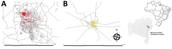 Notified cases of chikungunya georeferenced by household in Feira de Santana (A; n = 1,339), and Riachão do Jacuípe (B; n= 1,536), Bahia state, Brazil, during epidemiologic week 32 of 2014 through week 11 of 2015. Inset maps show locations of Feira de Santana and Riachão do Jacuípe in Bahia state and Bahia state in Brazil.