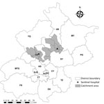 Thumbnail of Geographic distribution of sentinel hospitals and catchment areas for surveillance of severe acute respiratory infection, Beijing, China, 2014–2016. CP, Chang Ping; CY, Chao Yang; DC, Dong Cheng; DX, Da Xing; FS, Fang Shan; FT, Feng Tai; HD, Hai Dian; HR, Huai Rou; MTG, Men Tou Gong; MY, Mi Yun; PG, Ping Gu; SJS, Shi Jing Shan; SY, Shun Yi; TZ, Tong Zhou; XC, Xi Cheng; YQ, Yan Qing.