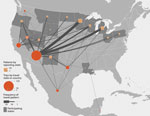 Thumbnail of Reporting state and frequency of travel to coccidioidomycosis-endemic areas (Arizona, California, Nevada, New Mexico, Texas, Utah, Washington, Mexico, and Central or South America) in the 4 months before symptom onset or first positive coccidioidomycosis test among coccidioidomycosis patients reported from 14 low-endemic and nonendemic US states, 2016.