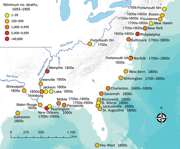 Outbreaks of yellow fever reported during 1693–1905 among cities comprising part of present-day United States. Because deaths from yellow fever were often not recorded, or only referred to as “a significant portion of the population” and thus not accounted for here, the numbers presented in this figure represent a minimum for the cities cited (4,6–8).