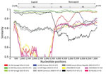 Thumbnail of Identification of recombinant sequences in the genome of EV-A71 C2 isolates from patients with acute flaccid paralysis in Africa (14-157, 14-250, 13-365, 15-355) by similarity plot against potential parent genomes (CV-A14 strain 14-254; EV-A71 genogroup E strains 13-194, 08-146, and 03-008) and from GenBank (CV-A10, CV-A5, EV-A120). Similarity plot analysis was performed using SimPlot version 3.5.1 (http://sray.med.som.jhmi.edu/SCRoftware/simplot) on the basis of full-length genomes