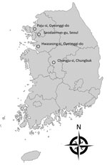 Thumbnail of Rural areas of South Korea (Hwaseong-si, Gyeonggi-do; Paju-si, Gyeonggi-do; and Chungju-si, Chungbuk) where adult mosquitoes were collected during July–September 2017 and the urban location of the tertiary teaching hospital (Seodaemun-gu, Seoul) where the study of Elizabethkingia infection in patients was conducted during January 2009–June 2017.