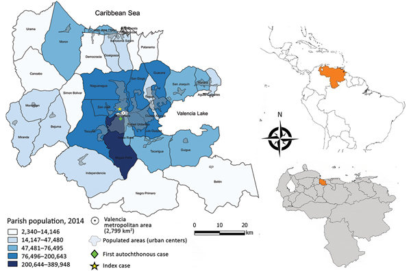 Area of study on the spatial dynamics of chikungunya virus, Carabobo state, Venezuela, 2014. Blue shading indicates 2014 population by parish. Most persons live in the capital city of Valencia (892,530 inhabitants); within the metropolitan area, poorer settlements are located mainly in the southern area, and the most organized and urbanized medium- and high-level neighborhoods are situated toward the north-central part. Insets indicate location of Carabobo state in Venezuela and Venezuela in Sou