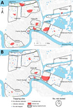 Thumbnail of Prevalence of rat lungworm (Angiostrongylus cantonensis) in rodents, New Orleans, Louisiana, USA, May 2015–February 2017. A) Roof rats (Rattus rattus); B) Norway rats (R. norvegicus).