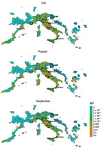 Thumbnail of MP estimates from the Lazio region, Italy, to areas in Europe with stable populations of Aedes albopictus mosquitoes, July–September 2017. Heavy outlines indicate the outbreak areas. MP, mobility proximity.