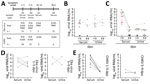 Thumbnail of Overview of diagnostic testing and shedding dynamics for Zika virus and CHIKV among patients in Brazil, 2016. A) Timeline of sampling and number of samples for each test. B, C) Zika virus (B) and CHIKV (C) loads in different body fluids at 1–5 and 5–9 dpo. Black dots indicate single samples. Red dots indicate samples taken 1–5 dpo that were negative 5–9 dpo. Dotted lines indicate paired samples that were positive at both time points. Bold line indicates the median. D, E) Viral loads