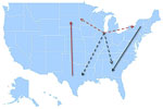 Thumbnail of Model summarizing the general patterns of West Nile virus movement in the United States. Red, northward movement; teal, southward movement; dotted arrows, relationships that could not be confirmed in incident-controlled datasets because of an insufficient number of sequences.