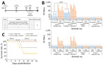 Thumbnail of Study design, HI titers after vaccination, and survival rates of vaccinated and nonvaccinated ferrets challenged with highly pathogenic influenza A(H7N9) virus. A) Study design. Six ferrets per group were immunized with inactivated whole HK125–HYPR8 virions containing 15 μg of HA protein without (group 1) or with adjuvant (group 2); control animals were vaccinated with PBS (group 3) or adjuvant (group 4). Animals were vaccinated intramuscularly twice 28 days apart. Twenty-eight days