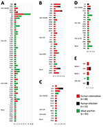 Thumbnail of Distribution of 105 multilocus sequence types (MLSTs) among predominant extended-spectrum β-lactamase (ESBL) and carbapenemase gene types encoded by 196 ESBL-producing Escherichia coli from humans and food, Cambodia, 2015–2016. A) CTX-M-55; B) CTX-M15; C) CTX-M-27; D) CTX-M-14; E) carbapenemases. Vertical axes depict MLSTs. Horizontal axes depict the frequency of each observed MLST. CTX-M-3, CTX-M-24, and CTX-M-65 are not shown because these ESBL gene types were rare (&lt;2%). One h