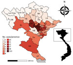 Thumbnail of Distribution of 302 rickettsial patients, by province, in northern Vietnam, March 2015–March 2017. A) Provinces of northern Vietnam; inset shows location within Vietnam. B) Number of cases by province. BG, Bac Giang; BK, Bac Kan; BN, Bac Ninh; CB, Cao Bang; DB, Dien Bien; HG, Ha Giang; HB, Hoa Binh; HD, Hai Duong; HN, Ha Nam; HP, Hai Phong; HT, Ha Tinh; HY, Hung Yen; LS, Lang Son; NA, Nghe An; NB, Ninh Binh; ND, Nam Dinh; NHO, Hanoi; PT, Phu Tho; QN, Quang Ninh; SL, Son La; TB, Thai