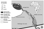 Thumbnail of Anthrax investigation points of interest within and directly adjacent to Bwabwata National Park, Namibia, 2017. Inset shows location of park in Africa.